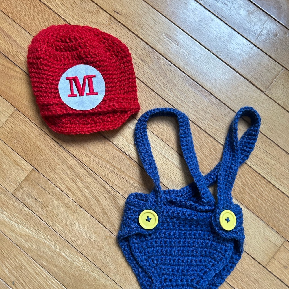 Red and Blue Kids Crochet Hat and Suspender Set